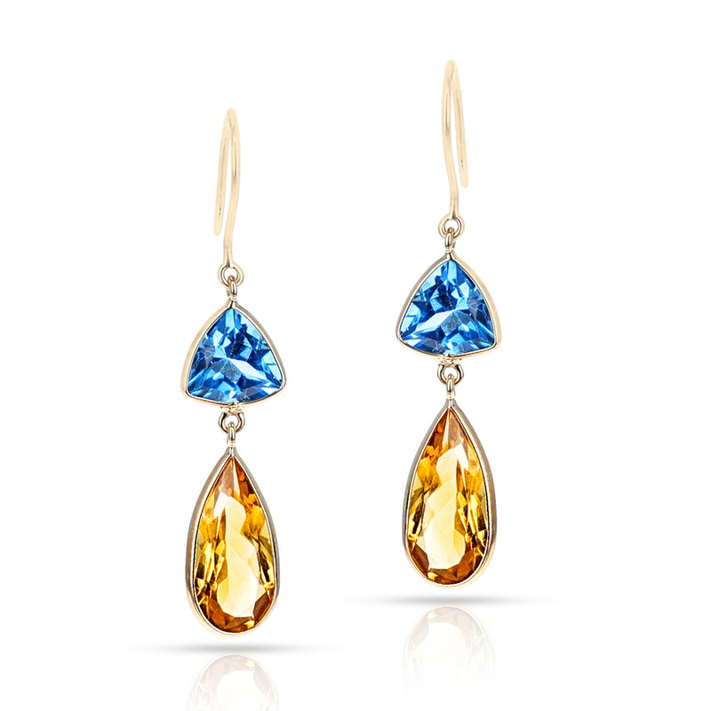 Blue Topaz and Citrine Cushion and Pear Shape Dangling Earrings made in 18 Karat Yellow Gold.