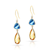 Blue Topaz and Citrine Cushion and Pear Shape Dangling Earrings made in 18 Karat Yellow Gold.