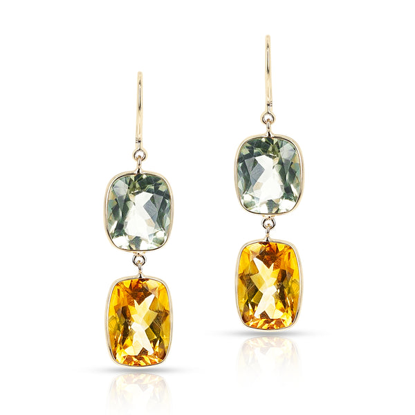 Green Amethyst and Citrine Cushion Shape Dangling Earrings made in 18 Karat Yellow Gold.