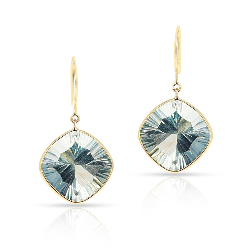 Green Amethyst Cushion Shape Dangling Earrings made in 18 Karat Yellow Gold.