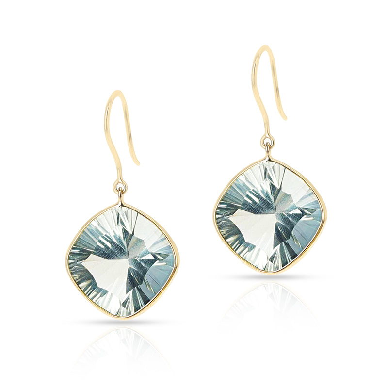 Green Amethyst Cushion Shape Dangling Earrings made in 18 Karat Yellow Gold.