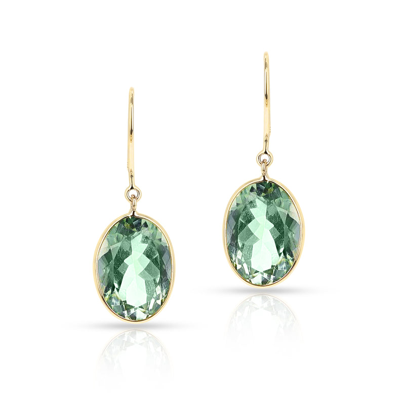 Green Amethyst Oval Shape Dangling Earrings made in 18 Karat Yellow Gold.