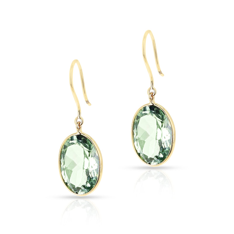 Green Amethyst Oval Shape Dangling Earrings made in 18 Karat Yellow Gold.