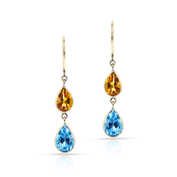 Citrine and Blue Topaz Pear Shape Dangling Earrings made in 18 Karat Yellow Gold.