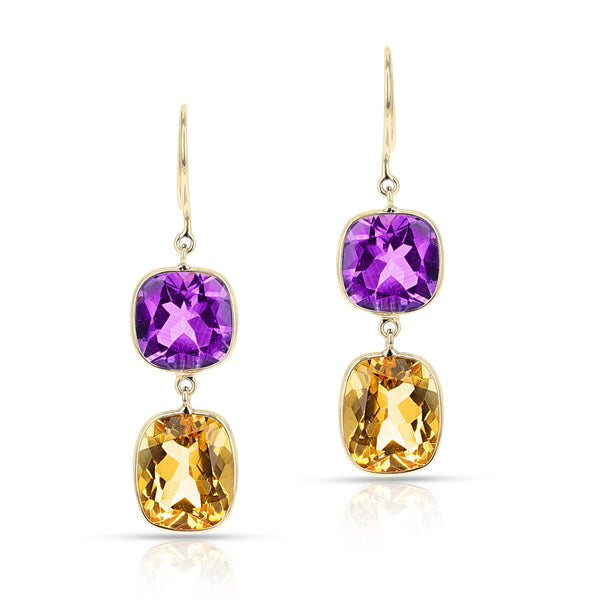 Amethyst Square Shape and Citrine Rectangular shape Dangling Earrings made in 18 Karat Yellow Gold.