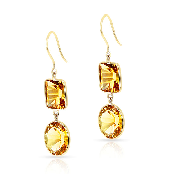 Citrine Cushion and Oval Shape Dangling Earrings made in 18 Karat Yellow Gold.