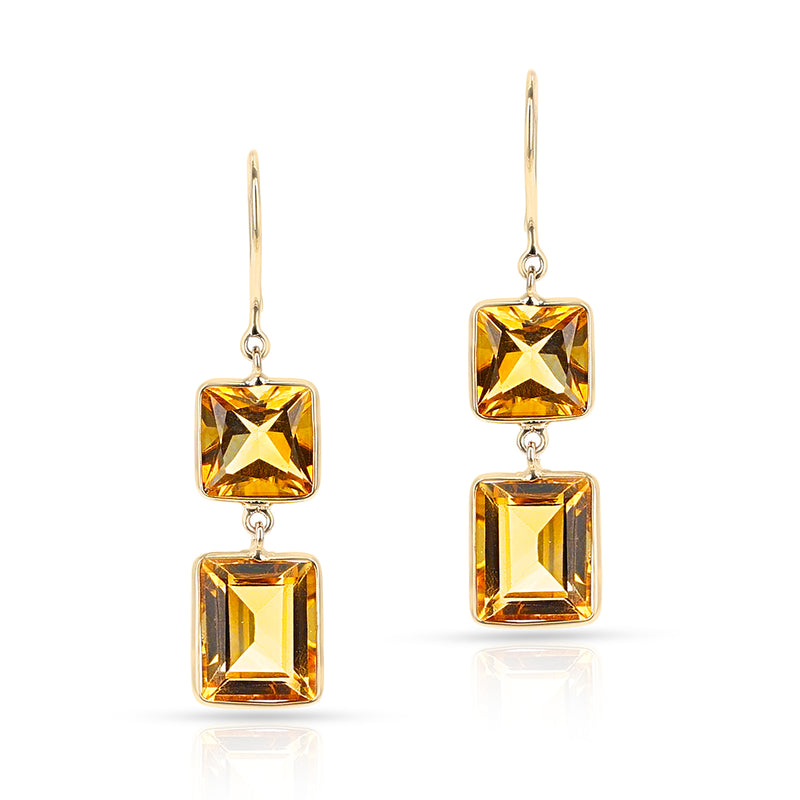 Citrine Square and Rectangular Step-Cut Shape Dangling Earrings made in 18 Karat Yellow Gold.