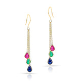 Ruby, Sapphire, Emerald Dangling Drops Earrings made in 18 Karat Yellow Gold.