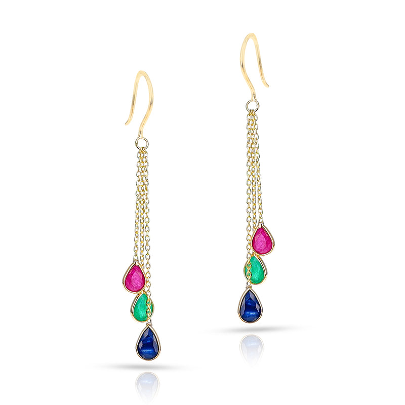 Ruby, Sapphire, Emerald Dangling Drops Earrings made in 18 Karat Yellow Gold.