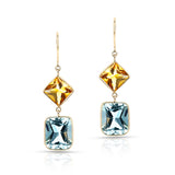 Citrine and Blue Topaz Cushion Shape Dangling Earrings made in 18 Karat Yellow Gold.