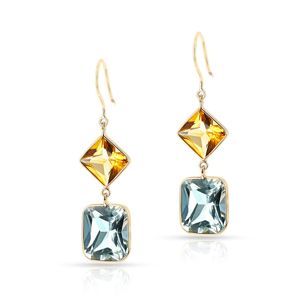 Citrine and Blue Topaz Cushion Shape Dangling Earrings made in 18 Karat Yellow Gold.