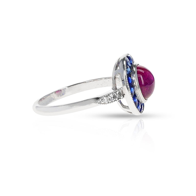 Ruby Cabochon Diamond and Sapphire Ring, Platinum