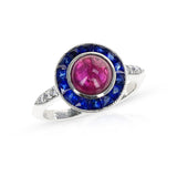 Ruby Cabochon Diamond and Sapphire Ring, Platinum