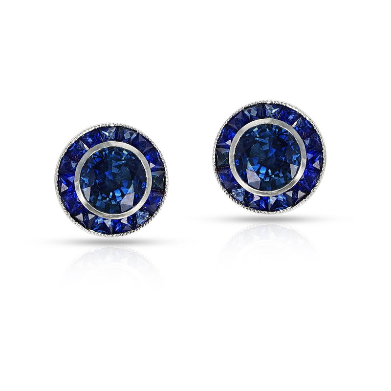 Round Sapphire with Invisible Sapphire Earrings, 18k