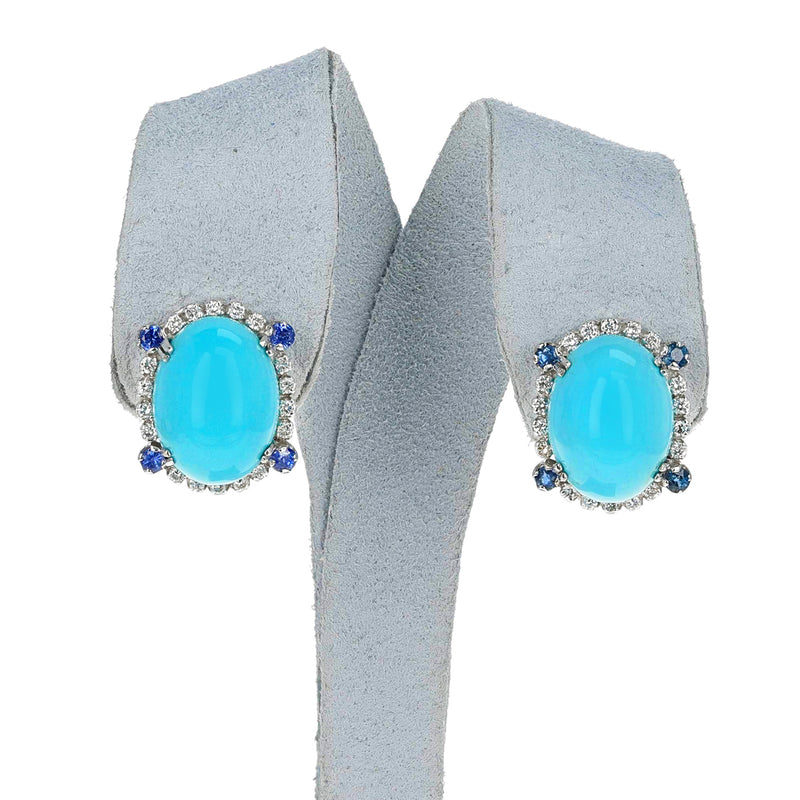 Turquoise Oval Cabochon Earrings with Diamonds and Sapphire, 18k