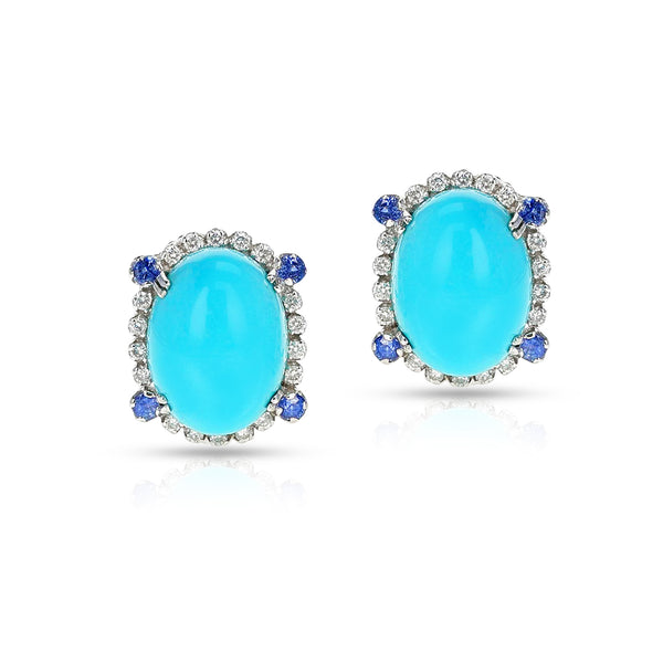 Turquoise Oval Cabochon Earrings with Diamonds and Sapphire, 18k