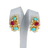 Ruby, Turquoise and Diamond Gold Leaf Earrings, 18k