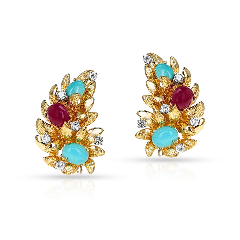 Ruby, Turquoise and Diamond Gold Leaf Earrings, 18k