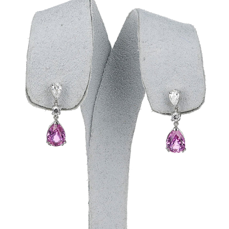 Unheated Certified Pink Sapphire Pear Shape Earrings with Diamonds, 18k
