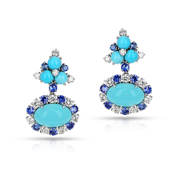Turquoise Cabochon, Sapphire and Diamond Dangling Earrings, 18k