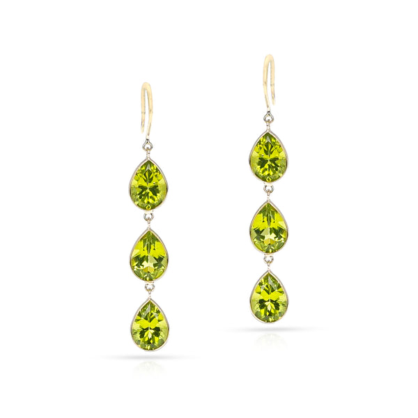 Three Pear Shaped Peridot Earrings, 18K