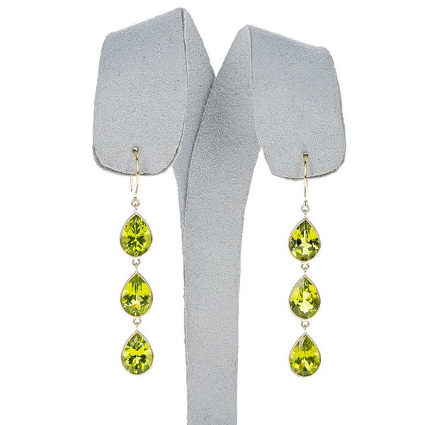 Three Pear Shaped Peridot Earrings, 18K