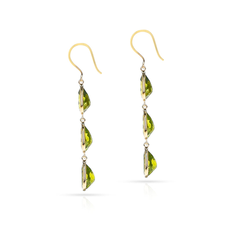 Three Pear Shaped Peridot Earrings, 18K