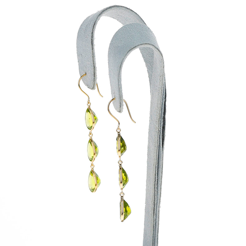 Three Pear Shaped Peridot Earrings, 18K