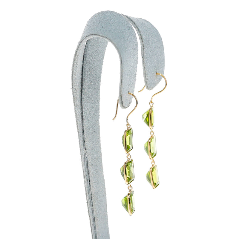 Three Rectangular Peridot Dangling Earrings, 18K
