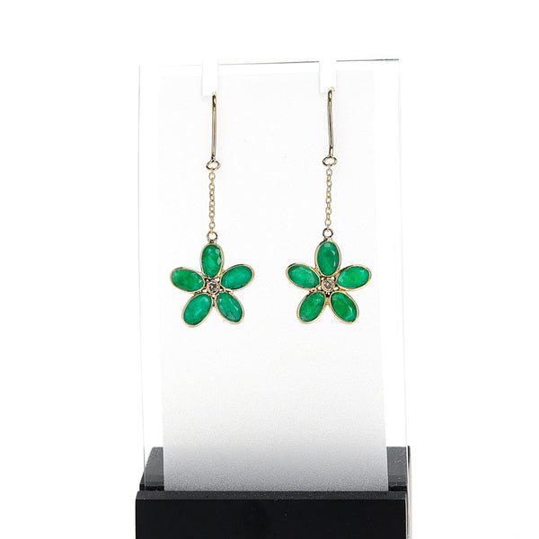 Dangling Emerald Floral Earring with Diamond, 18K
