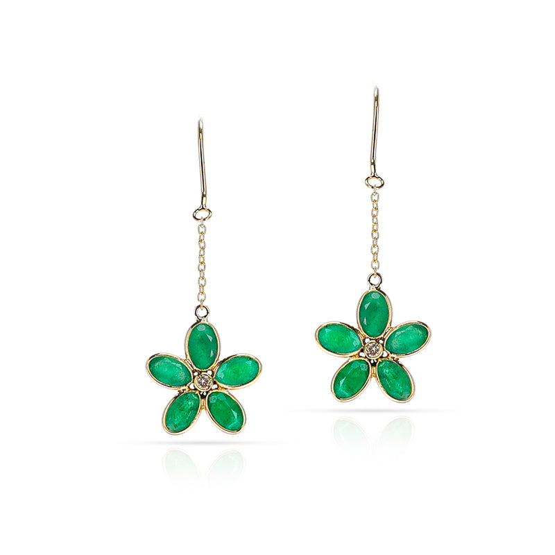 Dangling Emerald Floral Earring with Diamond, 18K