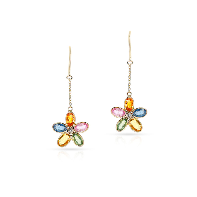 Multi-Sapphire and Diamond Floral Dangling Earrings, 18K