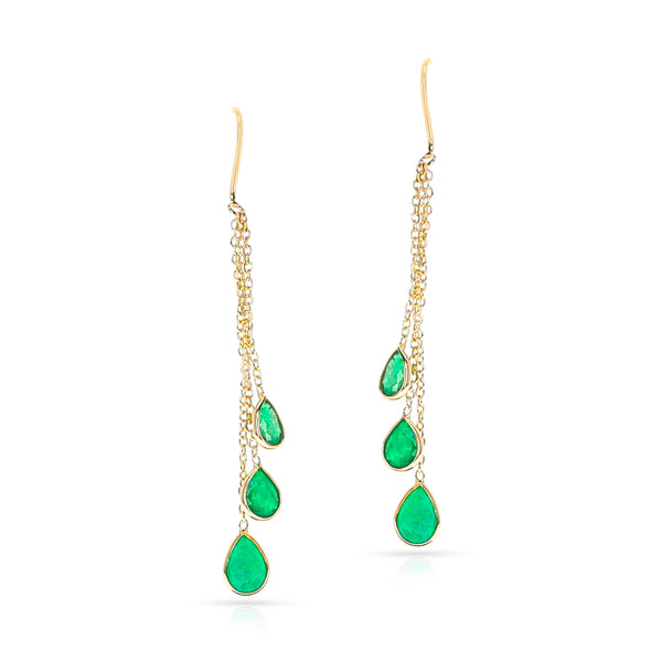 Triple Pear Emerald Drop Dangling Earrings, 18K