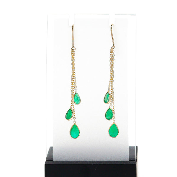 Triple Pear Emerald Drop Dangling Earrings, 18K