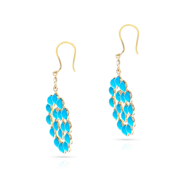 Double Circle Turquoise Cabochon and Diamond Rose Cut Earrings, 18K