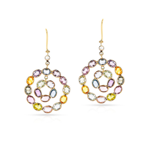 Double Circle Pastel Multi-Sapphire and Diamond Rose Cut Earrings, 18K