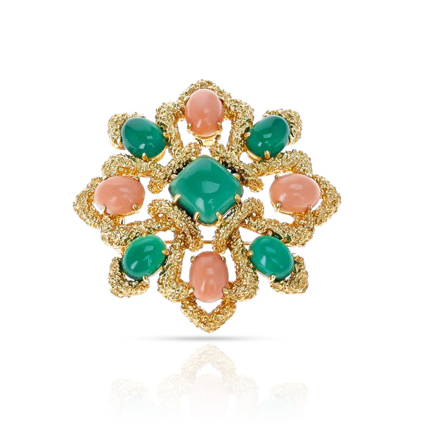 Van Cleef & Arpels Chrysoprase and Coral Cabochon Brooch, 18K Yellow Gold