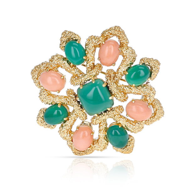 Van Cleef & Arpels Chrysoprase and Coral Cabochon Brooch, 18K Yellow Gold