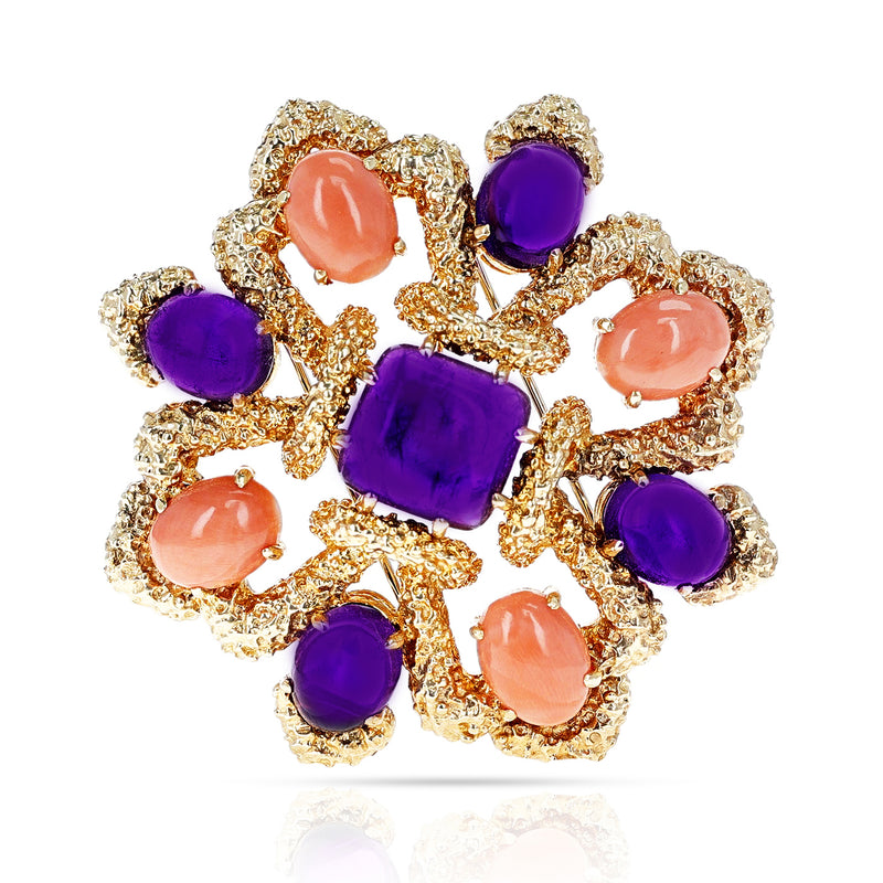 Van Cleef & Arpels Amethyst and Coral Cabochon Brooch, 18K Yellow Gold
