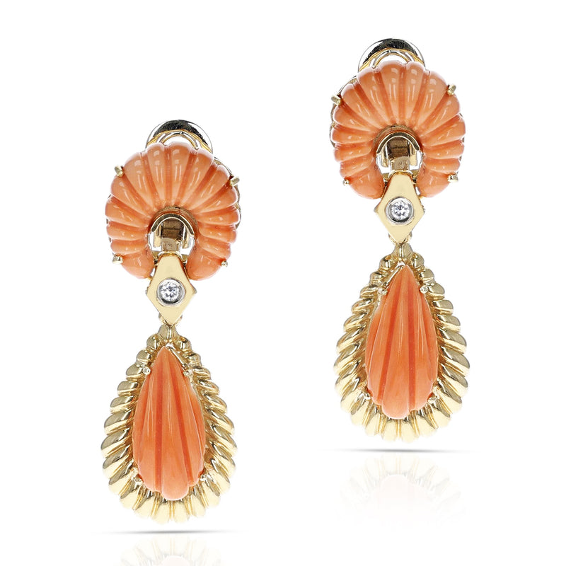 Italy Van Cleef & Arpels Carved Coral Drop Earrings with Diamond, 18K
