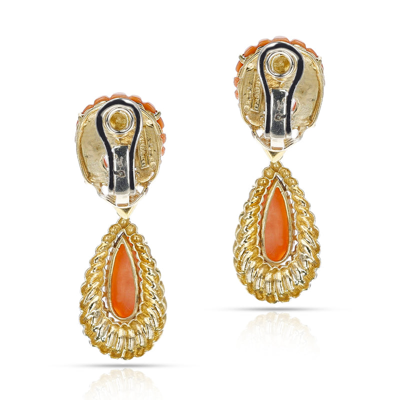 Italy Van Cleef & Arpels Carved Coral Drop Earrings with Diamond, 18K