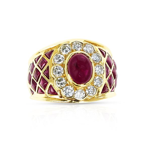 Ruby Cabochon Cocktail Ring with Rubies and Diamonds, 18k