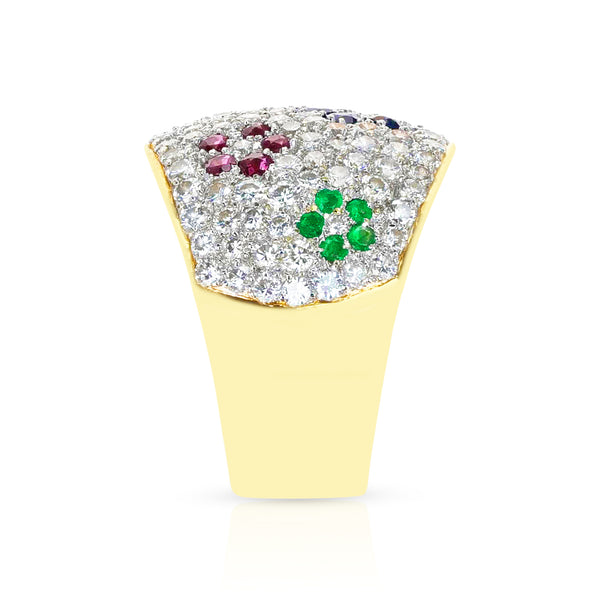 Diamond, Emerald, Ruby and Sapphire Floral Design Cocktail Ring, 18k