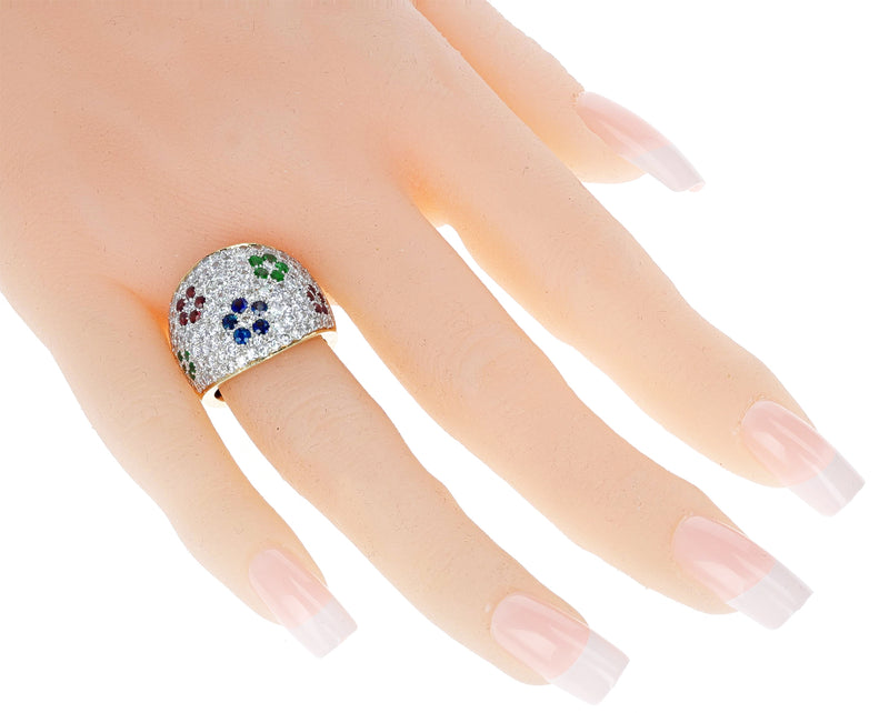 Diamond, Emerald, Ruby and Sapphire Floral Design Cocktail Ring, 18k