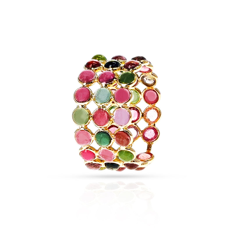 Round Multi-Tourmaline Cabochon Triple Band, Yellow Gold