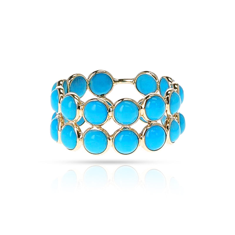 Turquoise Round Cabochon Double Line Band, Yellow Gold