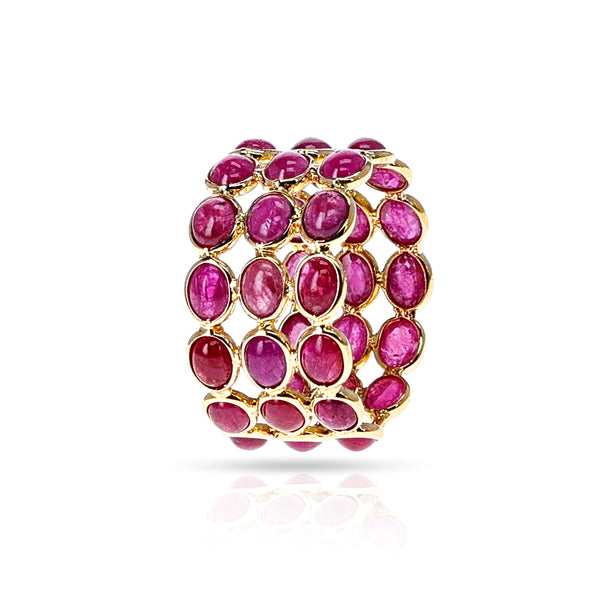 Oval Ruby Cabochon Triple Band, 18K Yellow Gold