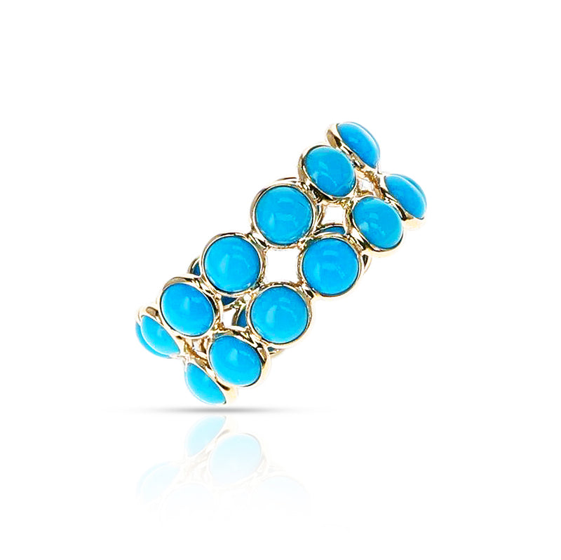 Turquoise Round Cabochon Double Line Band, Yellow Gold