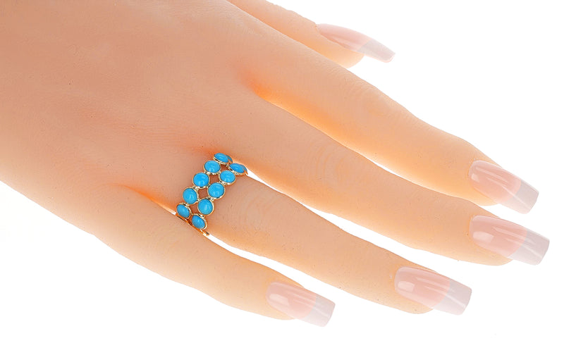 Turquoise Round Cabochon Double Line Band, Yellow Gold