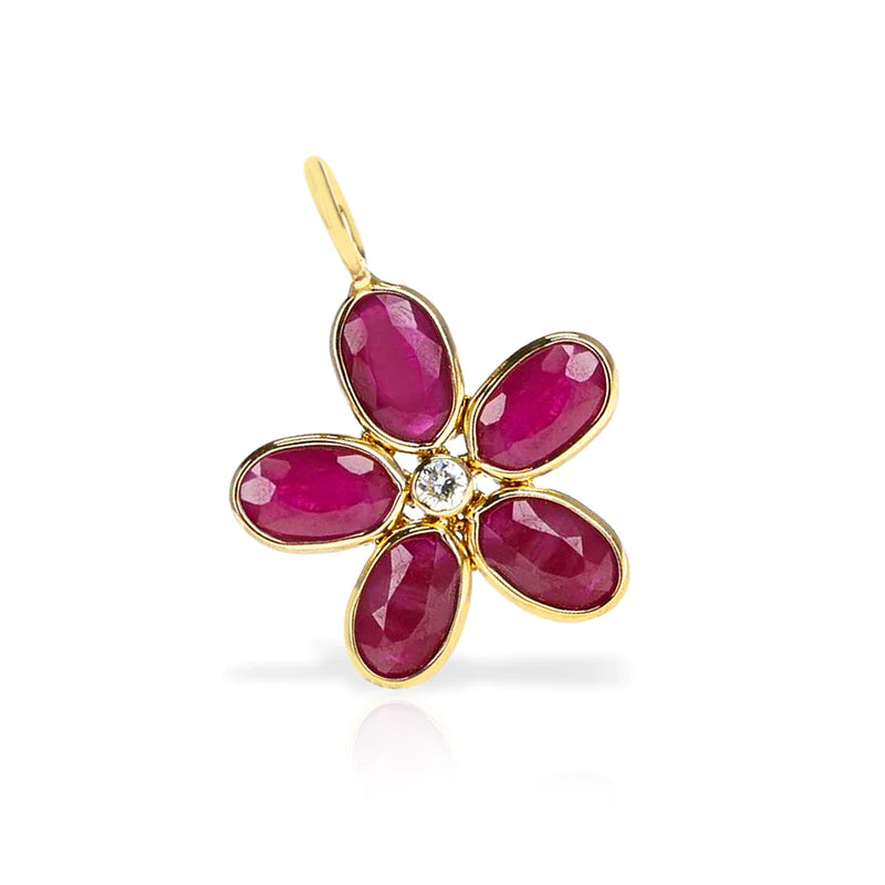 Gemstone Floral Pendant with Diamond, 18K Yellow Gold